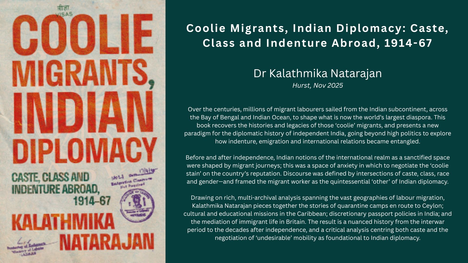 Book cover of Coolie Migrants, Indian Diplomacy: Caste, Class and Indenture Abroad, 1914-67 (left), alongside its abstract (right)
